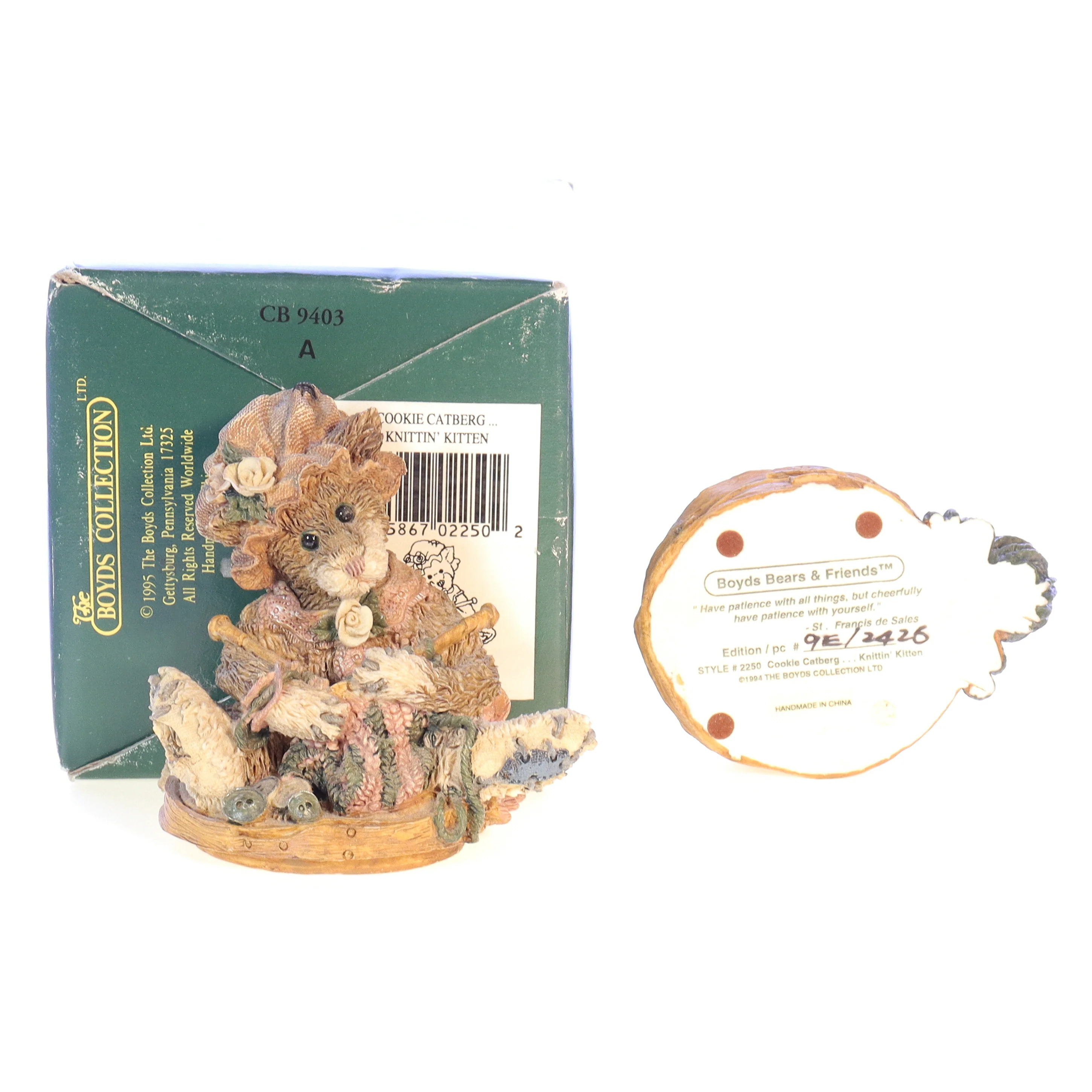 Boyds Bears Resin Figurine in Box 2250 Cookie Catberg ... Knittin' Kitten 1994 4" - Image 10